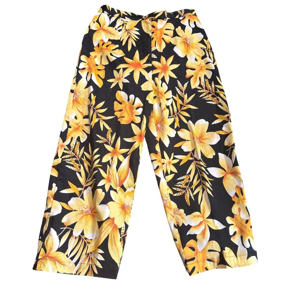 Vintage 90s Kaktus Tropical Floral Wide Leg Pants‎ Yellow Black Hibiscus Large